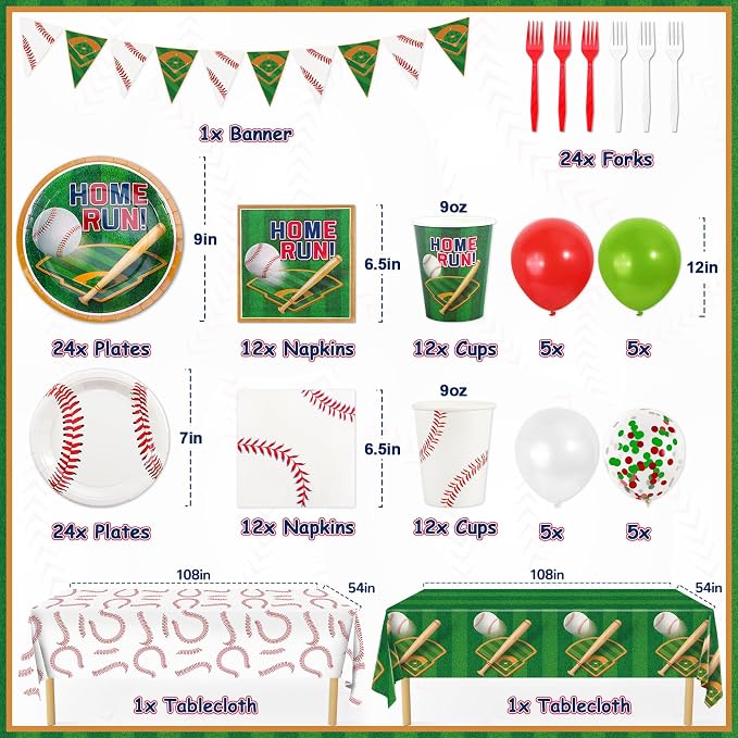 Baseball Party Decorations for 24 - Baseball Party Supplies Bundle with Plates, Napkins, Cups, Banner,Tablecloth and Balloons Perfect for Birthday & Gameday Celebrations
