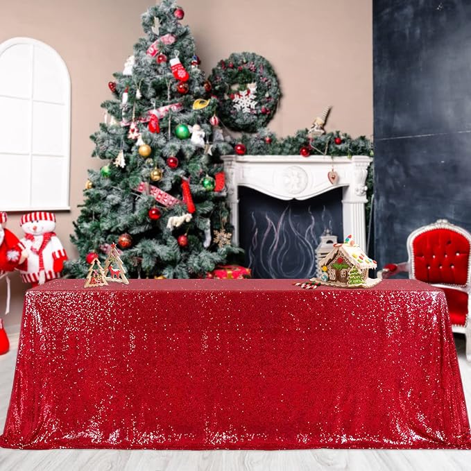 B-COOL Red Sequin Tablecloth Christmas Table Overlays Valentine's Day Table Linen Red Sparkly Wedding for Gathering Banquet Linens 90x156 Inch