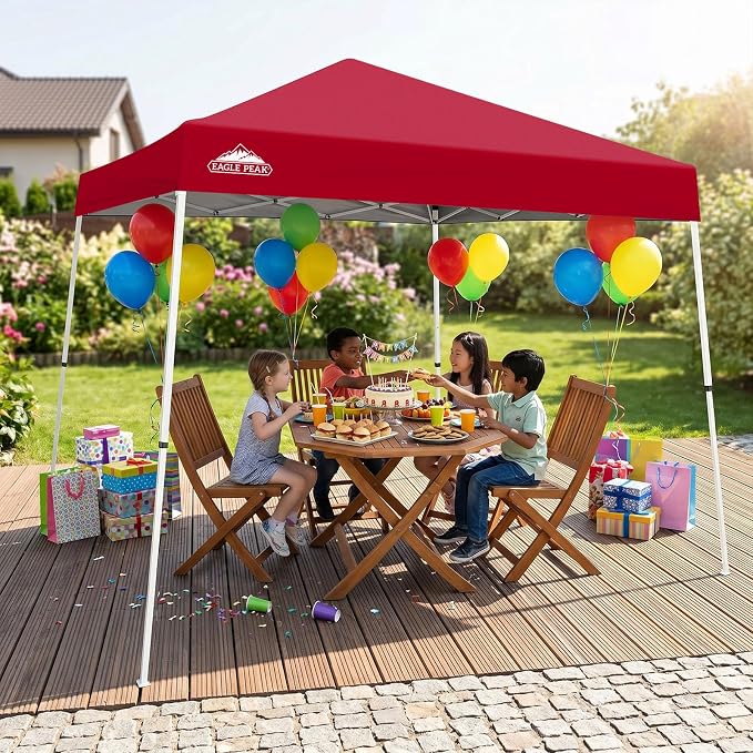 EAGLE PEAK 10x10 Slant Leg Pop-up Canopy Tent Easy One Person Setup Instant Outdoor Beach Canopy Folding Portable Sports Shelter 10x10 Base 8x8 Top (Red)