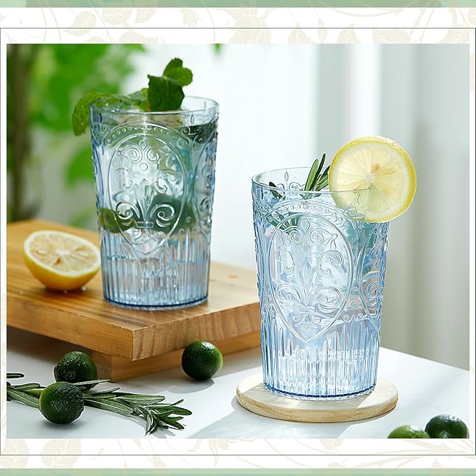 Plastic Vintage Drinking Glasses - 16 oz Stemless Ribbed Highball Glasses Bulk Embossed Reusable Cups for Water Beer Cocktails Juice Wedding Bridal Shower Birthday Event Party(Blue,100 Pcs)