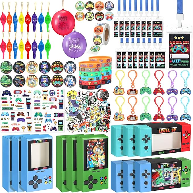 147 Pcs Video Game Party Favors for Kids Gamer Goodie Bag Stuffers Gaming Birthday Party Supplies with Gift Boxes, VIP Pass, Balloons, Bracelets, Keychains, Badges, 3D Stickers (Colorful)