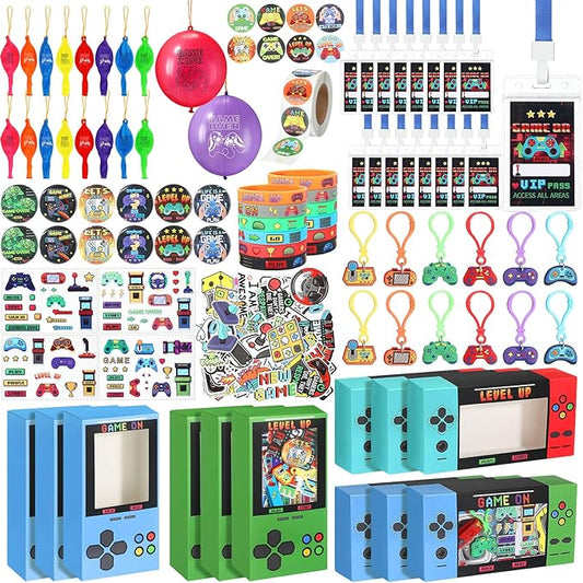 147 Pcs Video Game Party Favors for Kids Gamer Goodie Bag Stuffers Gaming Birthday Party Supplies with Gift Boxes, VIP Pass, Balloons, Bracelets, Keychains, Badges, 3D Stickers (Colorful)