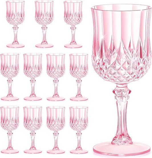 7OZ Plastic Wine Glasses, Reusable Vintage Goblets Unbreakable Drinking Glasses Crystal Water Cups Champagne for Wedding, Parties, Mother's Day (12, Pink)