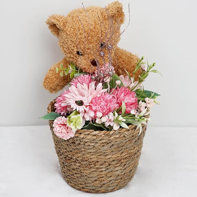Artificial Flowers Table Centerpieces - Set of 6 Pre-Made Daisy Floral Arrangements with Rustic Metal Black Vase for Birthday, Baby Shower, Party, Home Decorations - Hot Pink & Rose Gold