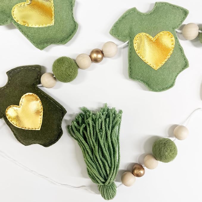 Sage Green Gold Baby Clothes Decorations Handmade Pre-Strung Felt Baby Clothes Banner Wool Felt Ball Wooden Bead Garland for Neutral Baby Shower Gender Reveal Party Nursery Fireplace Home Decor