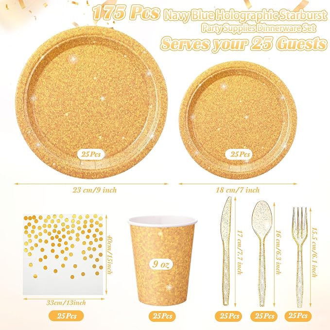 Hushee 175 Pcs 25 Guests Gold Paper Party Plates and Cups Napkins Sets Holographic Glitter Disposable Dinnerware Plastic Forks Knives Spoons Birthday Bachelorette Wedding Party Supplies