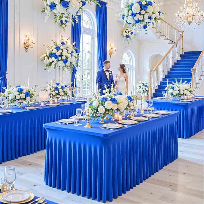 2 Pack Royal Blue Table Cloth for 8 Foot Rectangle Tables Spandex Fitted Tablecloth 8ft Stretch Table Covers Skirt Blue Banquet Tablecloths Wrinkle Free Tablecloth for Party Wedding Birthday Event