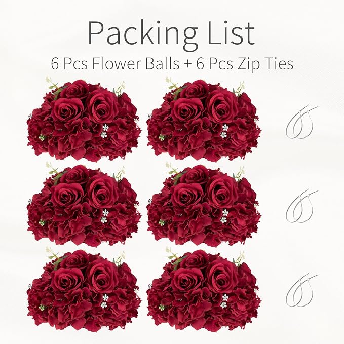 Red Roses Flowers Balls for Centerpieces: 6 PCS 11.8" Diam Flower Centerpieces for Tables in Wedding Reception Decorations Arrangement for Party Celebration Planners