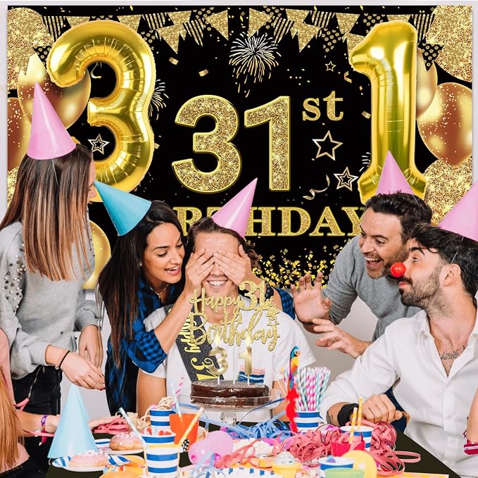 31st Birthday Decorations Men Women with 31st Birthday Banner, Black and Gold Table Cloth, Number Balloons, Large Sash, Cake Topper and Candles