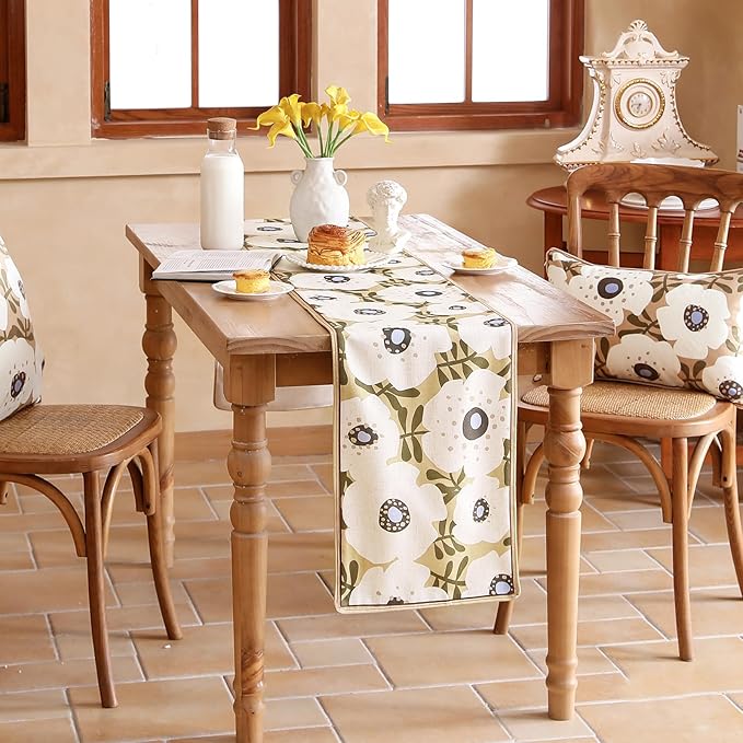bilin gaier Rectangular White Flower Table Runner 63 Inches Long,Vintage Rustic Farmhouse Linen Floral Table Runners,Table Decoration for Coffee & Dining Table Home Party Kitchen.12 x63-Hidaka
