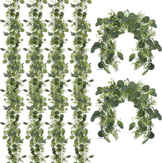 6 Pack 5.9 Feet Faux Eucalyptus Garlands Bulk, Artificial Wedding Garland with White Flowers Faux Silver Dollar Eucalyptus Leaves Vines for Table Home Wedding Party Indoor Outdoor Decor