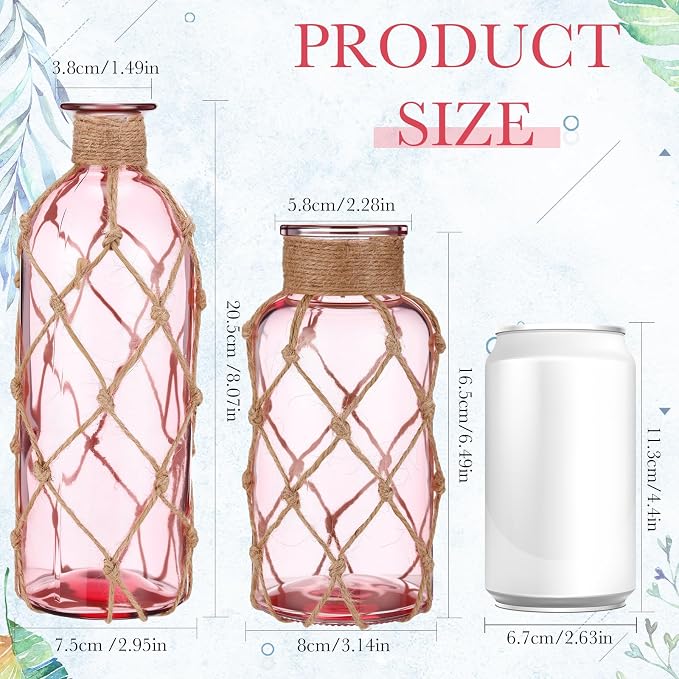 Chuangdi Set of 2 Coastal Glass Vases for Flowers TSITP Flower Vase with Boho Rope Small Sea Glass Jar Nautical Beach Bottle for Wedding Table Centerpieces Floral Arrangement Decor(Pink)