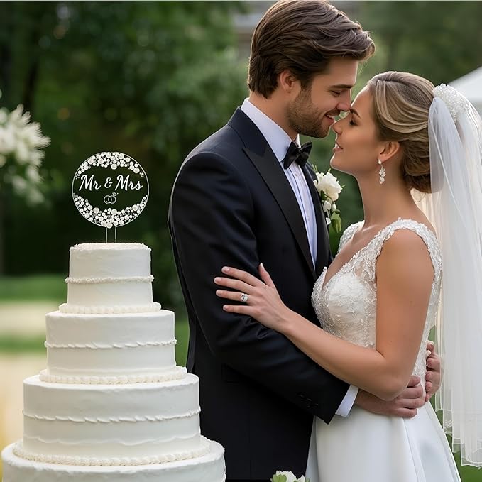 Coucoland Mr and Mrs Cake Topper - Acrylic Wedding Cake Decor with Pearls and Rhinestones for Engagement Bridal Anniversary