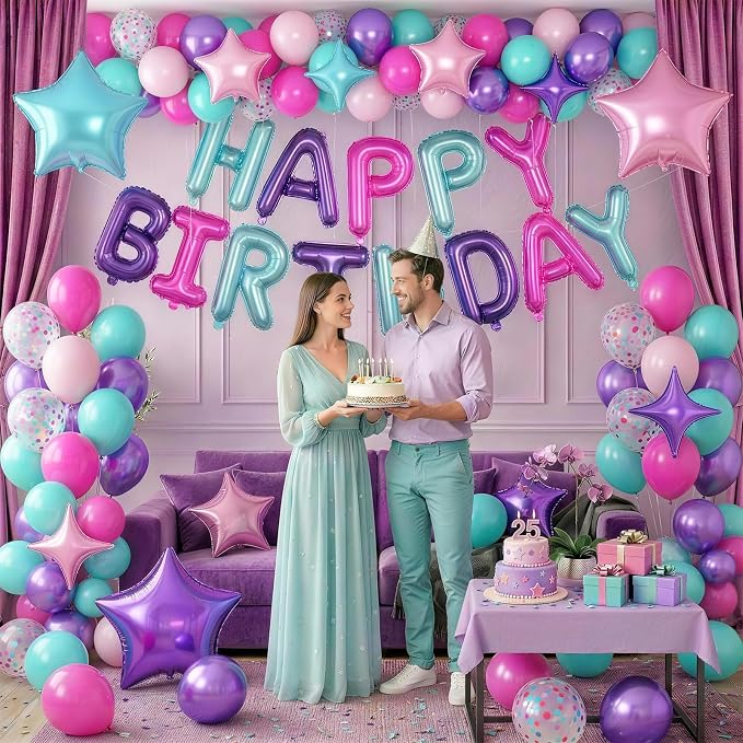 Pink Purple Blue Birthday Decorations Hot Light Pink Metallic Purple Teal Confetti Balloon Happy Birthday Banner Heart Foil Balloons 18/10 Inch Star Balloons for Girls Boys Bday Mermaid Party