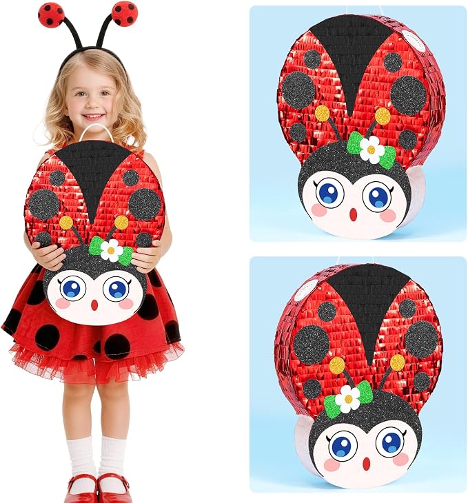 WERNNSAI Ladybug Piñata – Red Ladybug Party Piñata for Kids Birthday Games Garden Theme Parties Insect Theme Classroom Activities baby shower supplies with Blindfold and Stick