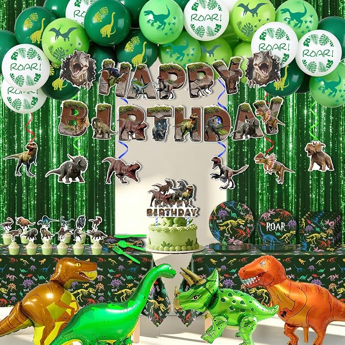 266Pcs Dinosaur Party Birthday Decorations Kit for Boys- Included Foil Fringe, Banner, Tablecloth, Hanging Swirls, Cupcake Toppers, Tableware, Paper Towel, Latex and Aluminum Foil Balloon (Dinosaur-2)