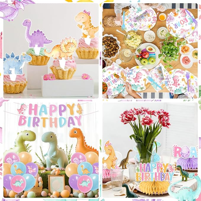 Pink Dinosaur Birthday Decorations for Girls, Pastel Dinosaur Party Decorations with Banner,Plates,Napkins,Cups,Tablecloth,Balloons,Cake Topper for Dino Themed Party Supplies, Serve 24