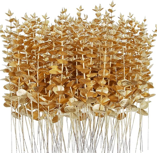 120 Pcs Gold Eucalyptus Stems Artificial Flowers Leaves Bulk Artificial Eucalyptus Stems 15 inch with Gold Wedding Decor for vase Bouquet Centerpiece Home Decoration