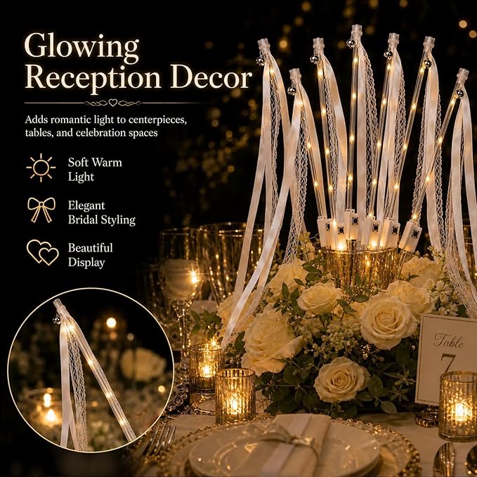 30 PCS Light Up Wedding Wands with Ribbons and Bells, Warm White LED Fairy Wands, 3 Light Modes Ribbon Streamers, Flameless Sparkler Alternative for Wedding, Bridal Shower, Birthday Party Favors