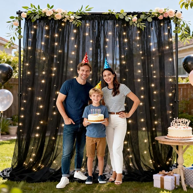 Ledido 3 Pack 10×8ft Black Tulle Backdrop Curtains with Lights String - 900LED Fairy Lights Sheer Curtain Backdrop for Wedding Baby Shower Photo Shoot Birthday Party Decoration(6 Panels 5×8ft)，Black