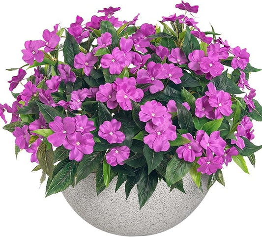 Uqueeten15.7” Fake Flowers Artificial Flowers for Outdoor,Silk Artificial Impatiens Bouquet Flowers for Outdoors，Spring Flowers Flores Artificiales para Decoracion Indoor Decor 8PCS (Purple)