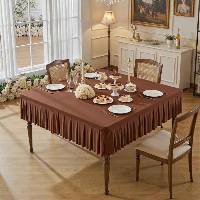 Wish Care Brown Spandex Tablecloths for 48x48 Inch Square Tables, Stretch Fitted Table Clothes with Pleated Ruffle Skirt for 48” Table, Wrinkle Free and Elastic, for Party Kitchen Home Dining
