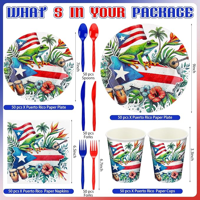 FoldTier 175 Pcs Puerto Rico Party Supplies Disposable Paper Plates Napkins Cups Puerto Rico Theme Birthday Party Decorations Tableware Flag Frog for Holiday Festival Family Serve 25 Guests