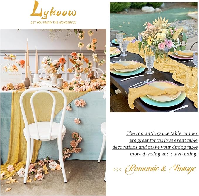 24 Packs Gold Table Runner, Charming Cheesecloth Table Runner 17 x 108inch, Gauze Boho Wedding Decoration Rustic Sheer Fabric Cheese Cloth Table Runners for Wedding Party Bridal Shower