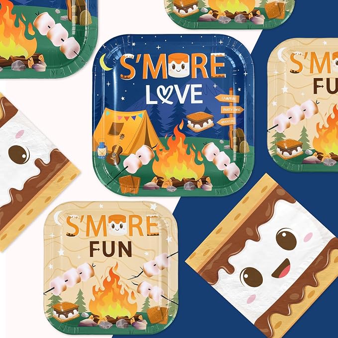 250Pcs S'more Camping Birthday Party Decorations S’More Love Fun Plates Napkins Cups Disposable Camping Campfire Bonfire Tableware Set for Kids Labor Day Adventure Baby Shower Party Supplies Serves 50