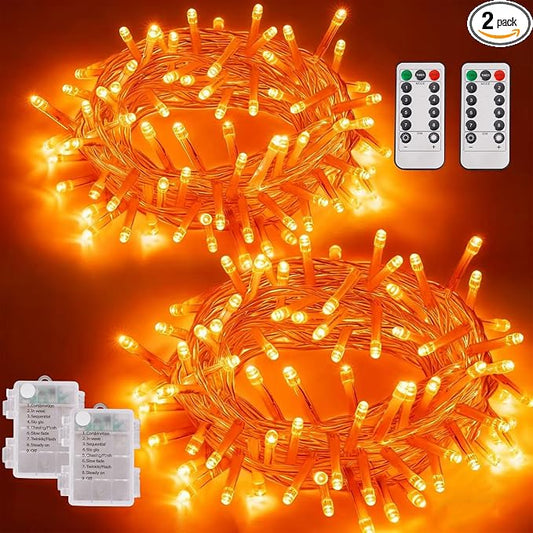 YEGUO Thanksgiving Lights Battery Operated, 2 Pack Each 33ft 100 LED Orange String Lights Outdoor Waterproof, Clear Wire Fairy Christmas Light Indoor with Remote