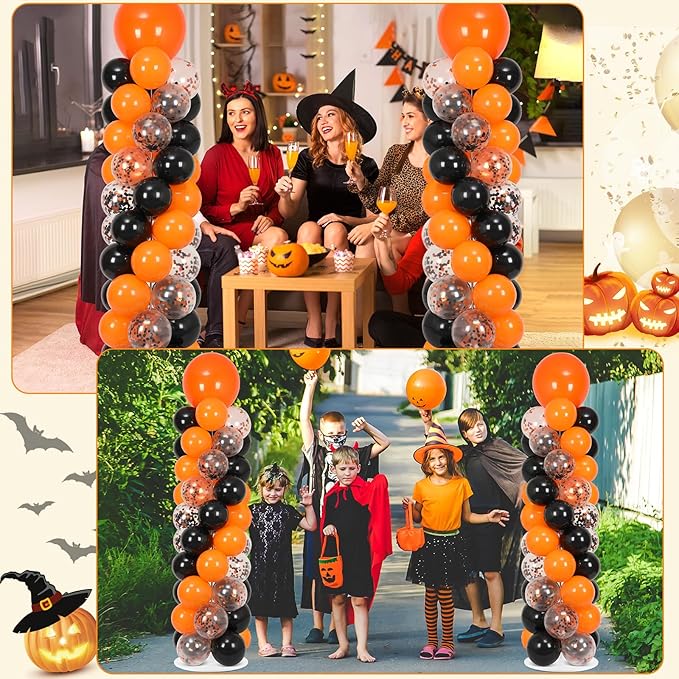 2 Sets Orange and Black Balloon Column Stand Kit with 100 Balloons Adjustable Balloon Tower Stand with Bases for Floor Black Orange Confetti Balloon Column Kit for Valentine Birthday Party Decor