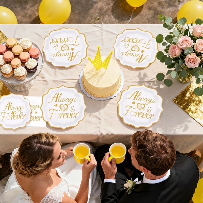 200Pcs Always and Forever Wedding Plates and Napkins White and Gold Scalloped Disposable Tableware Set for Wedding Bridal Shower Bachelorette Hen Party Supplies Serves 50
