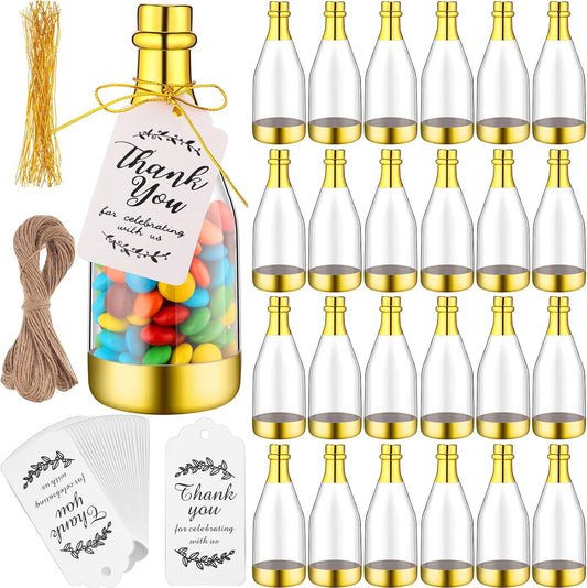 Gerrii 100 Pcs Metallic Mini Champagne Bottle Candy Container Shaped Jars Gold Plastic DIY Favor Candy Bottle Wedding Party Favor Containers with Gift Tags Gold Strings and 65.6ft Rope