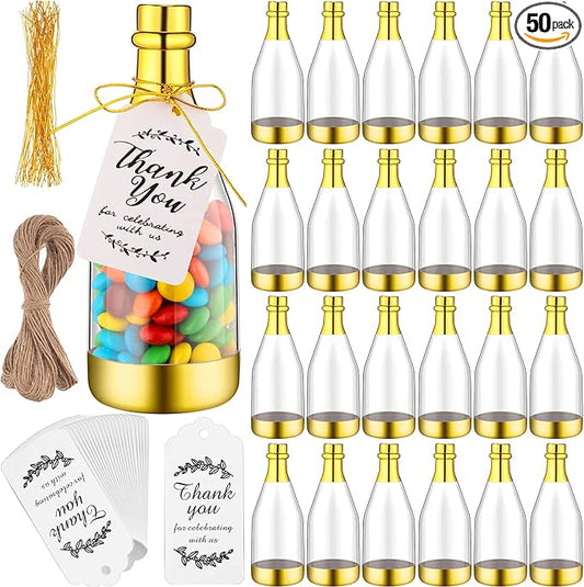 Gerrii 50 Pcs Metallic Mini Champagne Bottle Candy Container Shaped Jars Gold Plastic DIY Favor Candy Bottle Wedding Party Favor Containers with Gift Tags Gold Strings and 65.6ft Rope