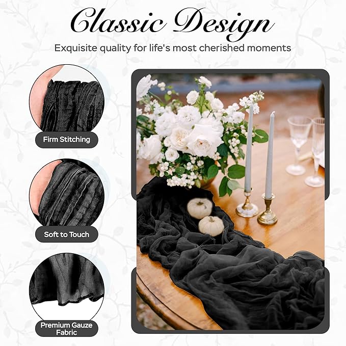 Cheesecloth Table Runner 6 Pack – 35x120 Inch (10ft) Boho Rustic Gauze Cloth Runners – Crinkle Polyester Table Decor for Wedding, Baby Shower, Bridal Shower, Birthday Party and More (Black)