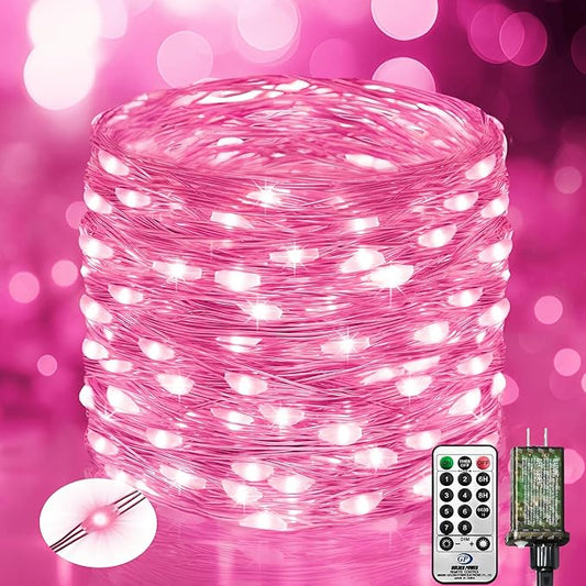 btfarm Fairy Lights Plug in with Remote, 33FT 100 LED Outdoor Twinkle Lights Waterproof with Timer, 8 Modes Indoor String Lights for Bedroom Patio Garden Wedding Christmas Decoration, Pink