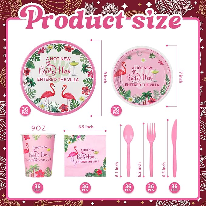 Yungyan 252 Pcs New Bride Bachelorette Party Tableware Set Included Plates Napkins Cups Forks Knives Cutlery for Party Decorations Supplies 36 Guests