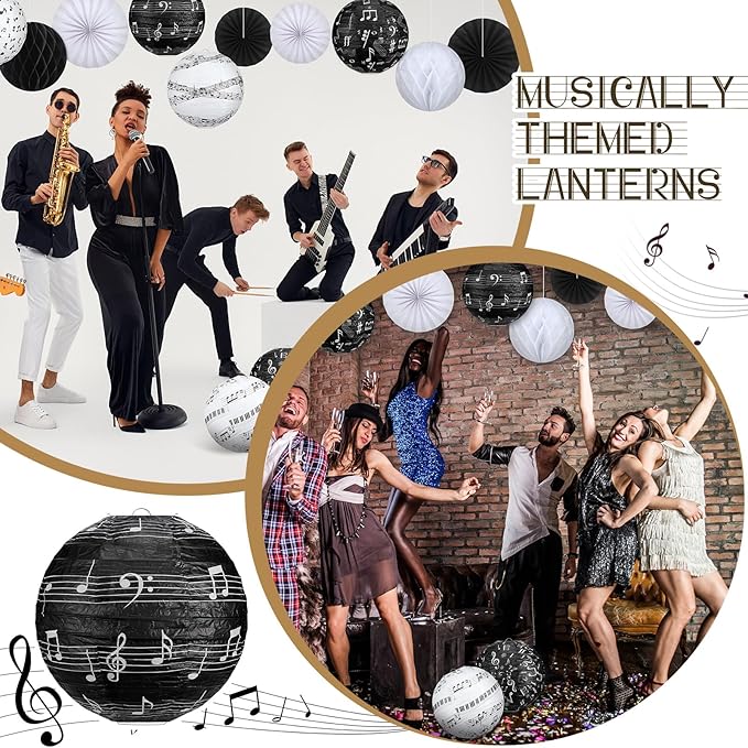 Baquler 18 Pcs Music Party Decoration Hanging Paper Lantern Music Notes Fans Black and White Honeycomb Ball for Rock Roll Concert 50's Theme Party Ceiling Decor Supplies