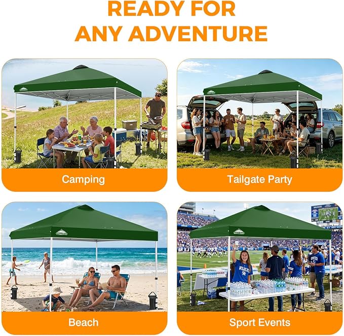 EAGLE PEAK Pop Up Canopy Tent with Wheeled Carry Bag, 8 Stakes, 4 Ropes, 4 Weight Bags, Easy Set Up Tent Canopy, 10x10 ft, 100sqft of Shade, Green