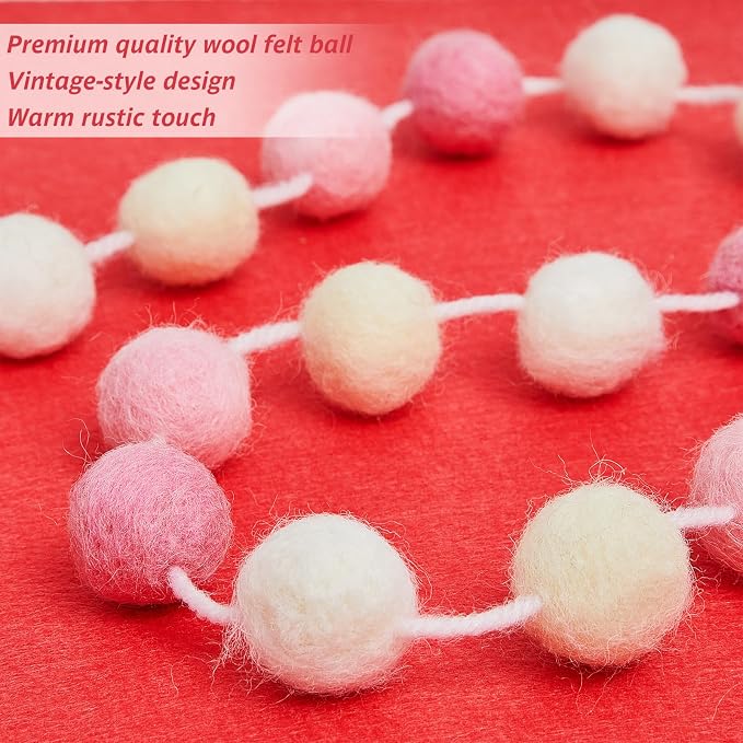 WILLBOND 3 Pieces Wool Felt Rainbow Ball Garland Colorful Pom Pom 6.5 ft Long 24 Ball Garland for Easter Mardi Gras Classroom Halloween Thanksgiving Xmas (Pink,Light Pink,Beige,White)