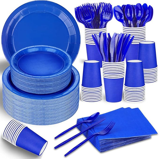 TWOWYHI 228PCS Blue Party Supplies Set Include Paper Plates Cups Blue Napkins Plastic Spoons Forks Knives for 30 Guests Disposable Party Dinnerware for Birthday Wedding Family Picnic