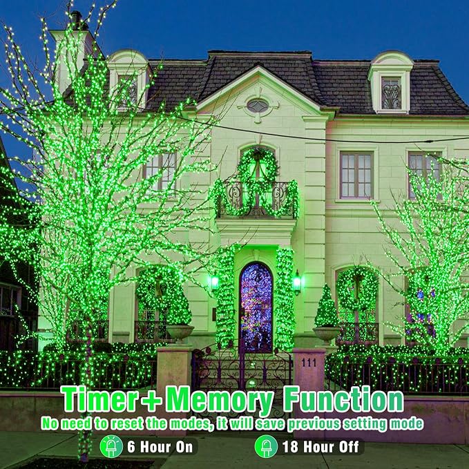 Vivideal 200 LED String Lights Indoor Connectable 66ft St Patricks Day Lights 8 Modes Clear Wire Waterproof Plug in Green Christmas Lights for Holiday Party Xmas Tree Decorations