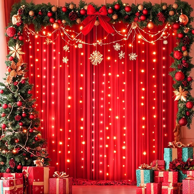 Red Backdrop Curtains with Lights for Parties,10x10FT Wrinkle Free Red Photo Backdrop Curtains for Wedding Baby Shower Birthday Ceremony Reception New Year Decorations-5ft x 10ft,2 Panels