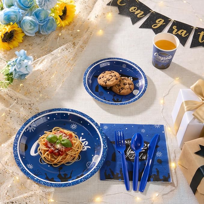 Goodluck Blue 2026 Congrats Grad Disposable Paper Tableware Sets, 350PCS Graduation Party Supplies Includes 9" & 7" Disposable Graduation Paper Plates, 9oz Cups, Napkins & Cutlery for 50 Guests