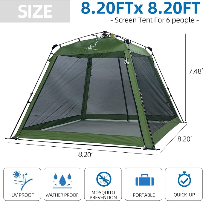 Pop Up Screen House Gazebo 8.2'x8.2'x75'' – Instant Portable Canopy with Mosquito Netting & UPF Sun Protection, Tool-Free 60s Setup, Foldable Outdoor Tent for Backyard, Camping, Park,Olive Green