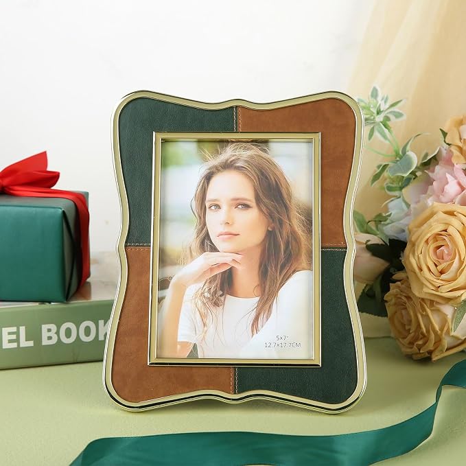 5x7 Metal Leather Picture Frame,Pretty Photo Frame with Gold Edge, Clear Glass Front, Unique Gifts for 3 Years of Marriage Couple Anniversary Graduation Horizontal&Vertical
