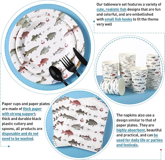 Ziliny 350 Pcs Fishing Party Supplies Tableware Set Disposable 9'' 7'' Paper Plates 9 oz Cups Cutlery Napkins Dinnerware Set for 1st Birthday, Serve 50 (Fishing Birthday, White, Red)
