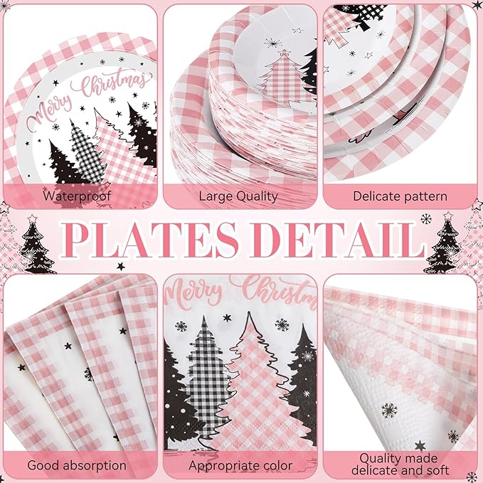 Funnymoom 452 Pcs Pink Christmas Party Decoration for 50, Buffalo Plaid Gingham Pink Xmas Tree Paper Plates Napkins Cups Tablecloth Cutlery Straws for Friendsmas Holiday Baby Shower Party Supplies
