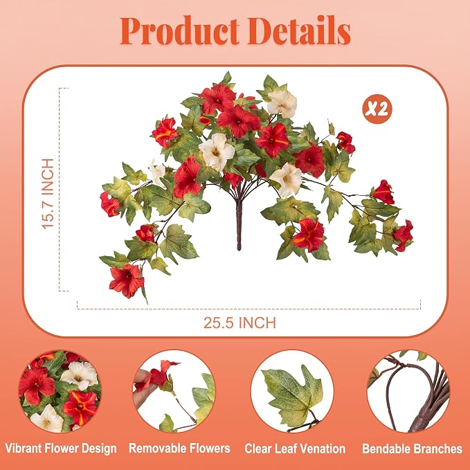 Ammyoo Artificial Fall Flowers Fake Petunias Plants for Outdoor Decoration | 2 Pcs No Maintenance Faux Silk Flowers UV Resistant Floral for Garden Window Porch Patio Real Looking Indoor Autumn Decor