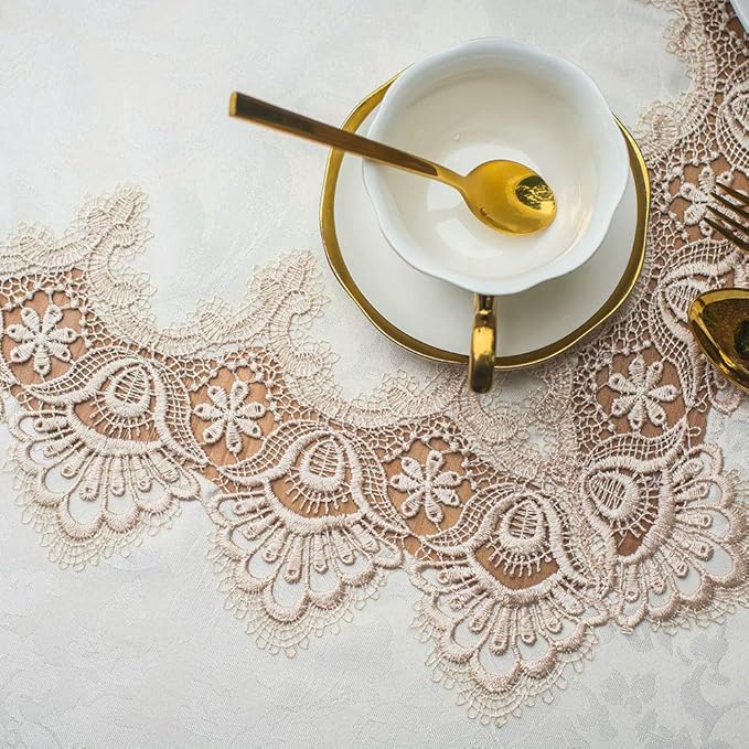 ARTABLE Lace Table Cloth Rectangle Spring Antique Flower Decor Macrame Tablecloth for Outdoor Farmhouse Rustic Kitchen Party Birthday Picnic (Light Brown, 60 x 104 Inch)